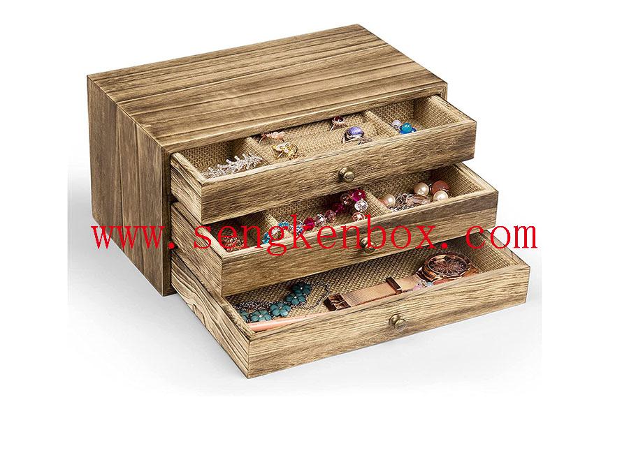Wooden Jewelry Storage Box With Three Layers Of Old Surface