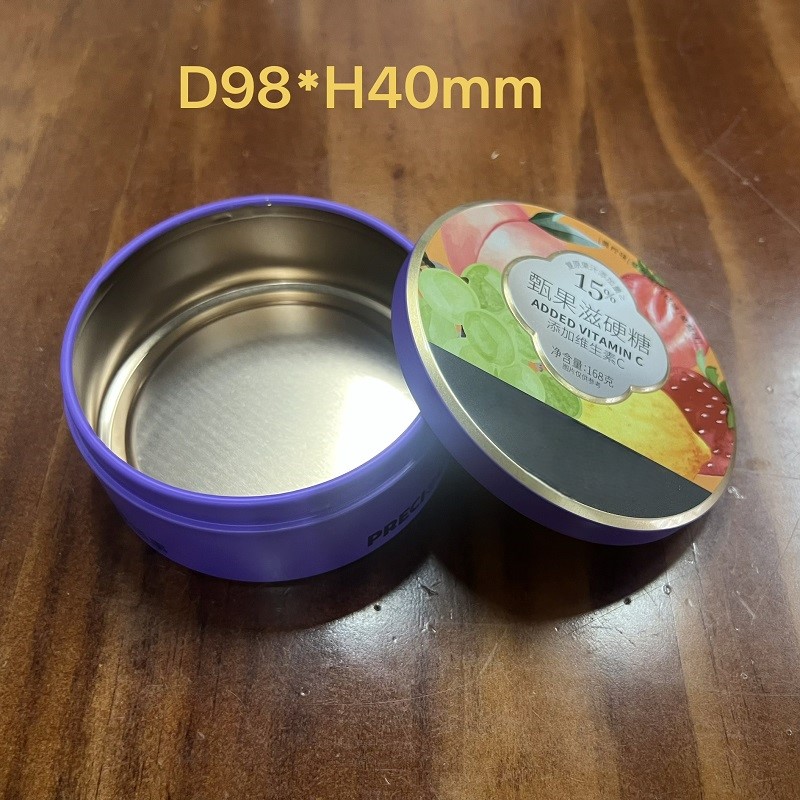 صندوق علبة حلوى دائرية D98*H40mm حاوية معدنية من الصفيح المخصص للأغذية لتغليف هدايا حلوى فيتامين سي الصلبة